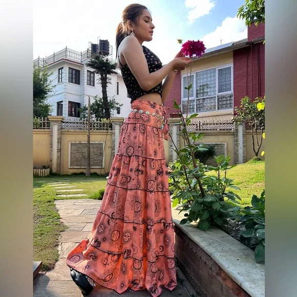 Celestial Sun Moon Print Flowy Tiered Bohemian Skirt - Picture 5 of 7